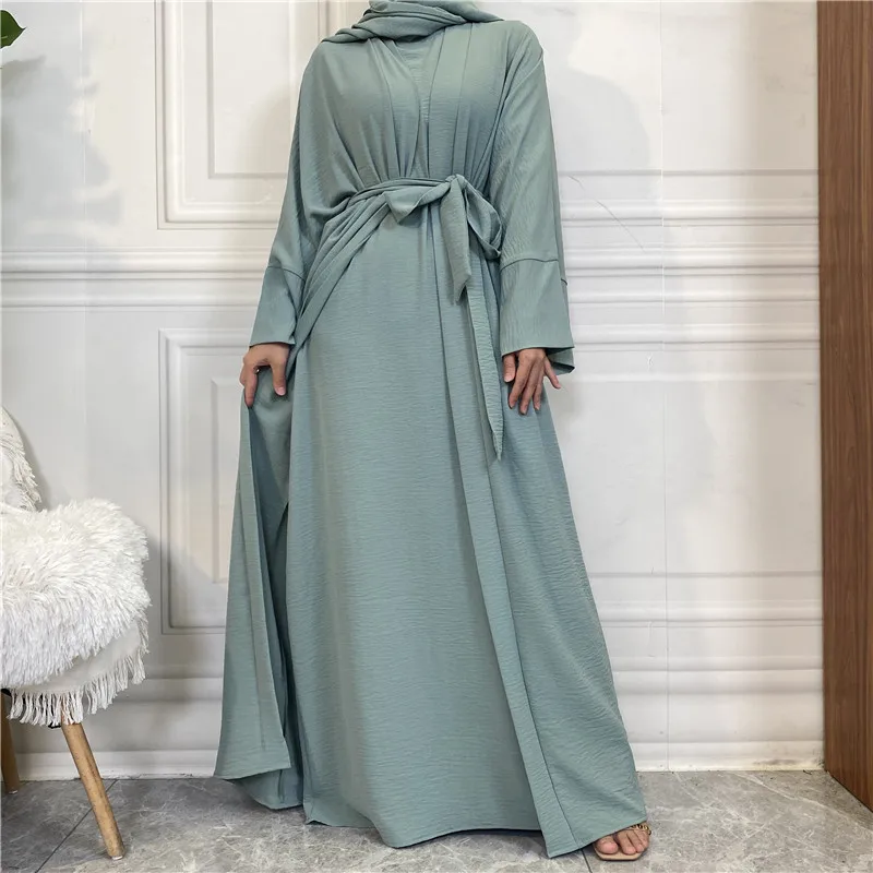 3 Pieces Set Modest Hijab Scarf Islamic Eid Kaftan Coat Burqa Abayas Dubai 2024 Kimono Women Muslim Dress Open Abaya With Pocket