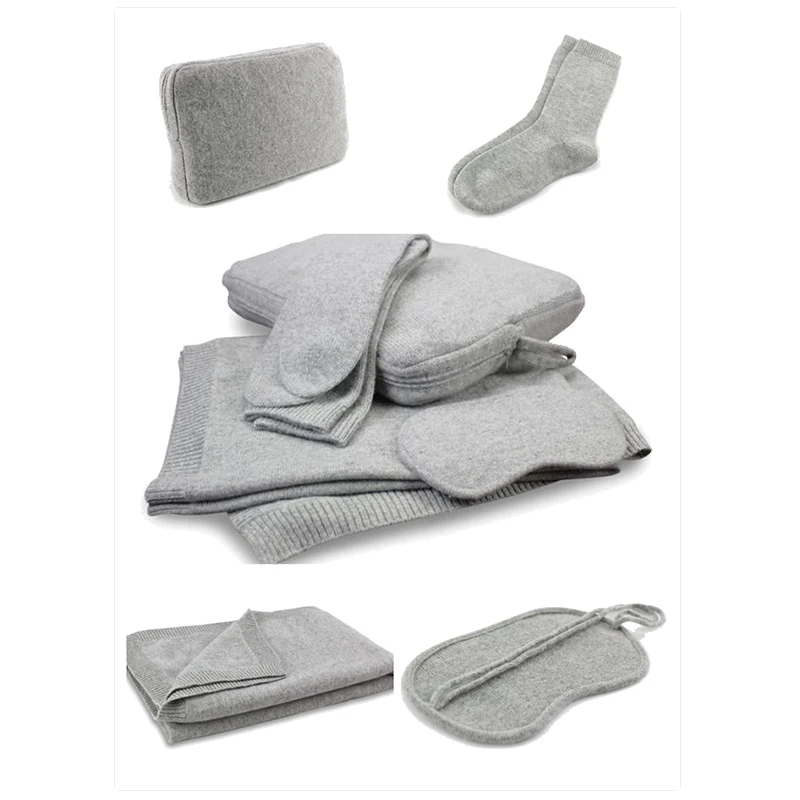 
Luxury Knitted Pure Cashmere Travel Set Kit with 4 Pieces blanket Eye Mask Socks Carry Case 