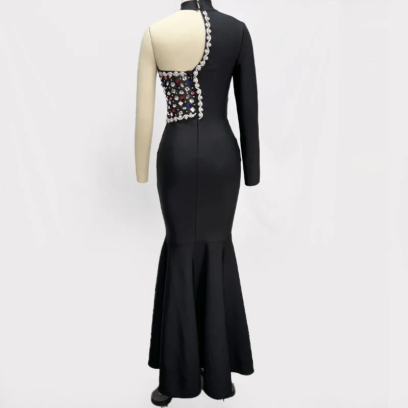 LS2446 High Quality One Shoulder Long Sleeve Luxury Diamond Hosting Stage Performance Sequins Long Bandage Elegant Evening Dress