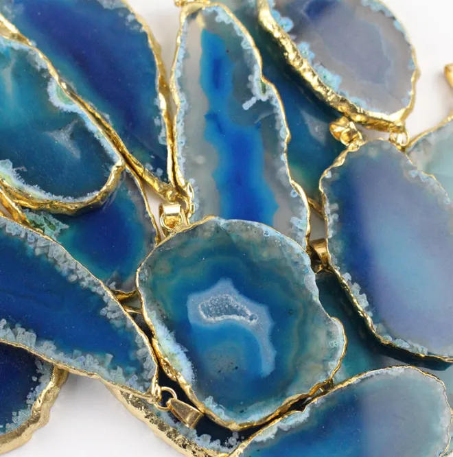Natural Gold Plated Crystal Druzy Agate Slice Pendants Necklace for Gifts