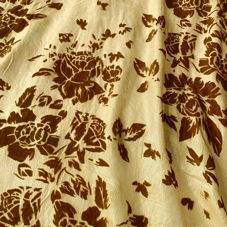 12mm Silk golden metallic woven basic ground rayon burnt out velvet fabric for ladies fashion shirts, tops, dress