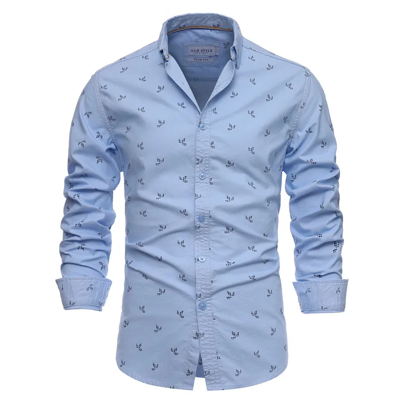 Men Printed 100% Cotton Casual Slim Fit Lapel Long Sleeve Spring High Quality Oxford Shirt