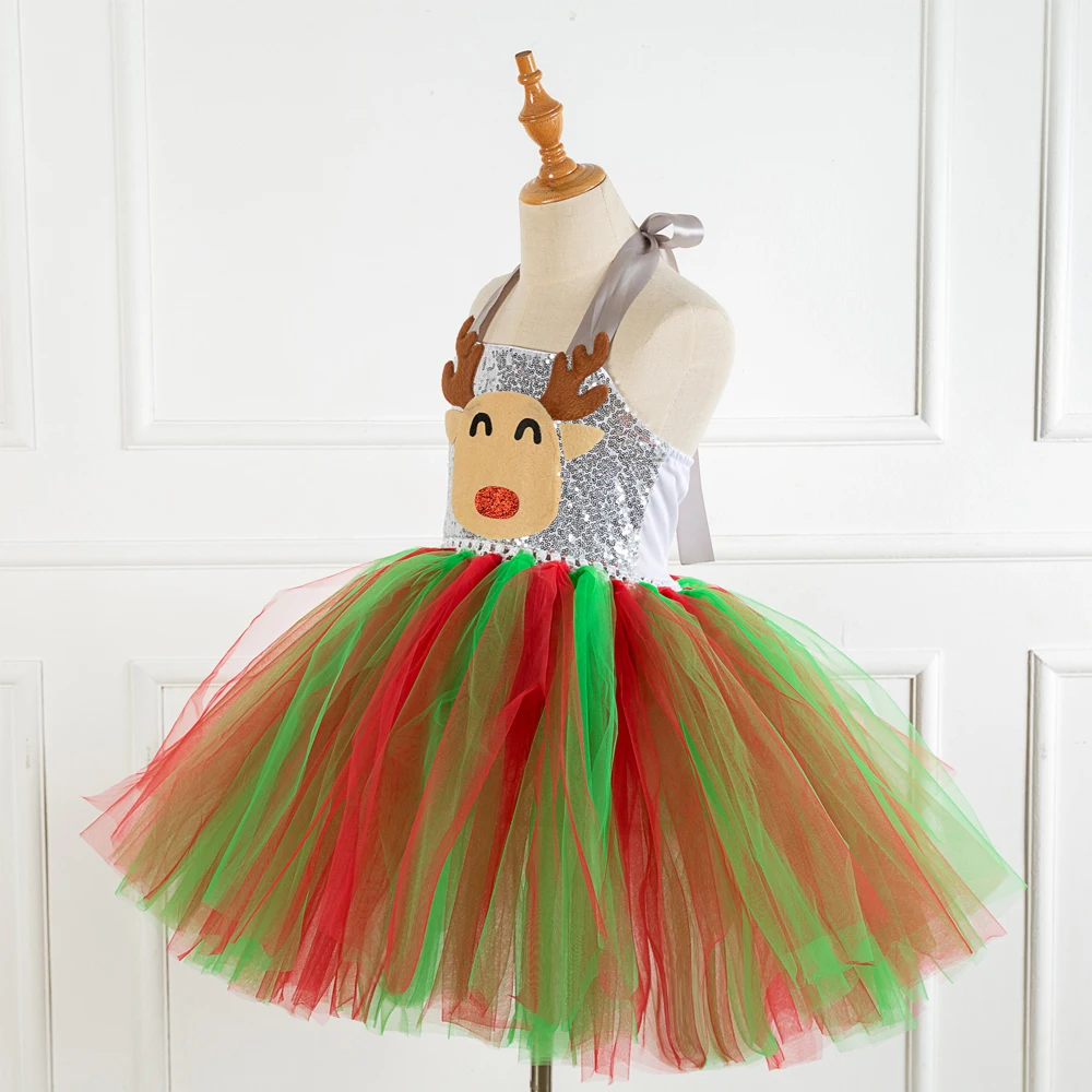 Kids Christmas Elk Reindeer Antlers Headband  Sequin Party Dress Tutu Prom Pageant Dresses SX-HD93422-93426