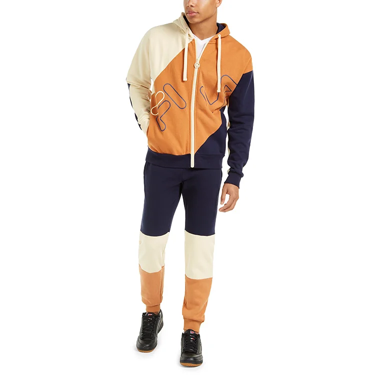 Men fitted colorblock cotton hoodie pants two piece jogger set sports sublimation tracksuits