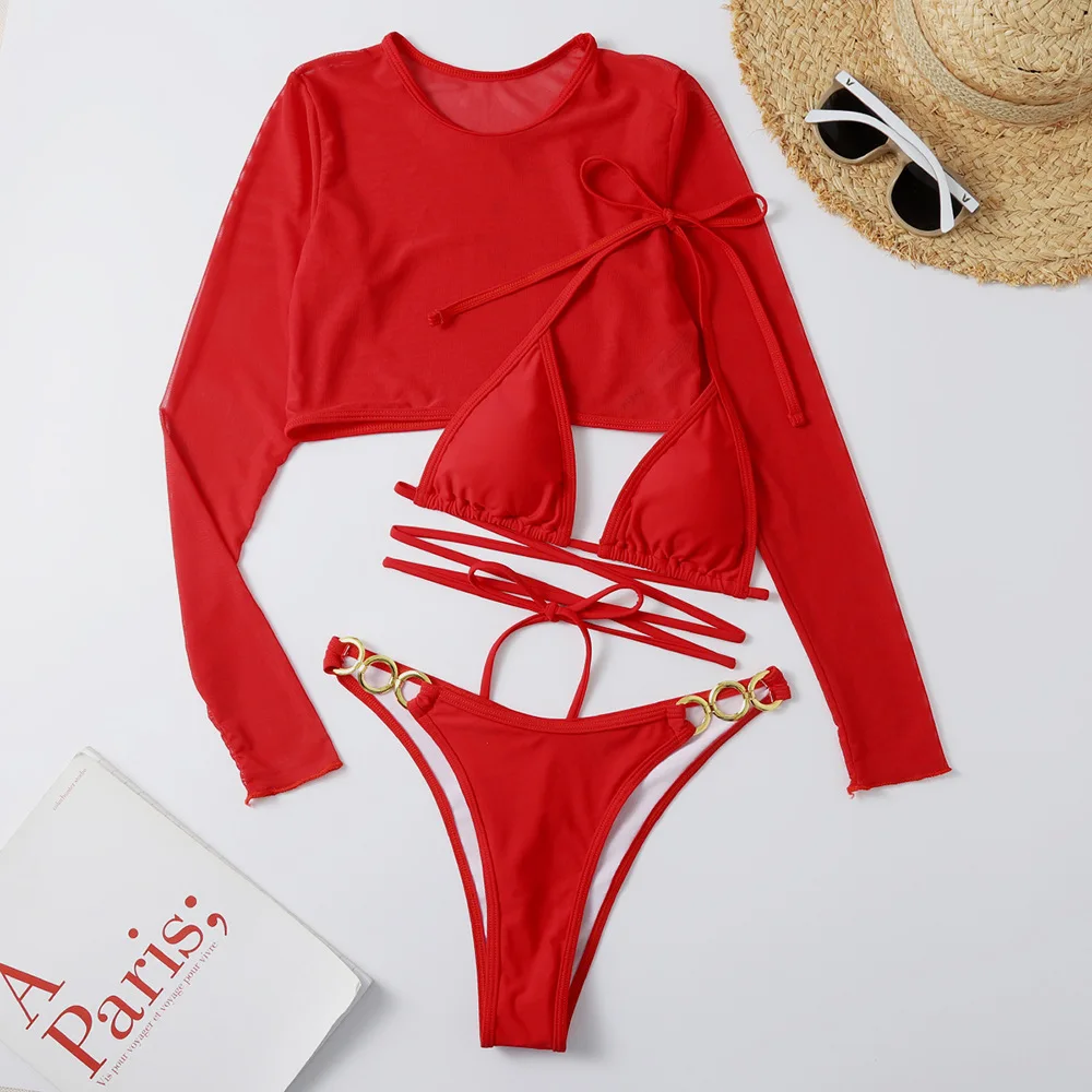 Large Size Three Piece Long sleeve mesh Pajama Short Set Sling Sexy Pajamas Colorful mini brazilian bikini