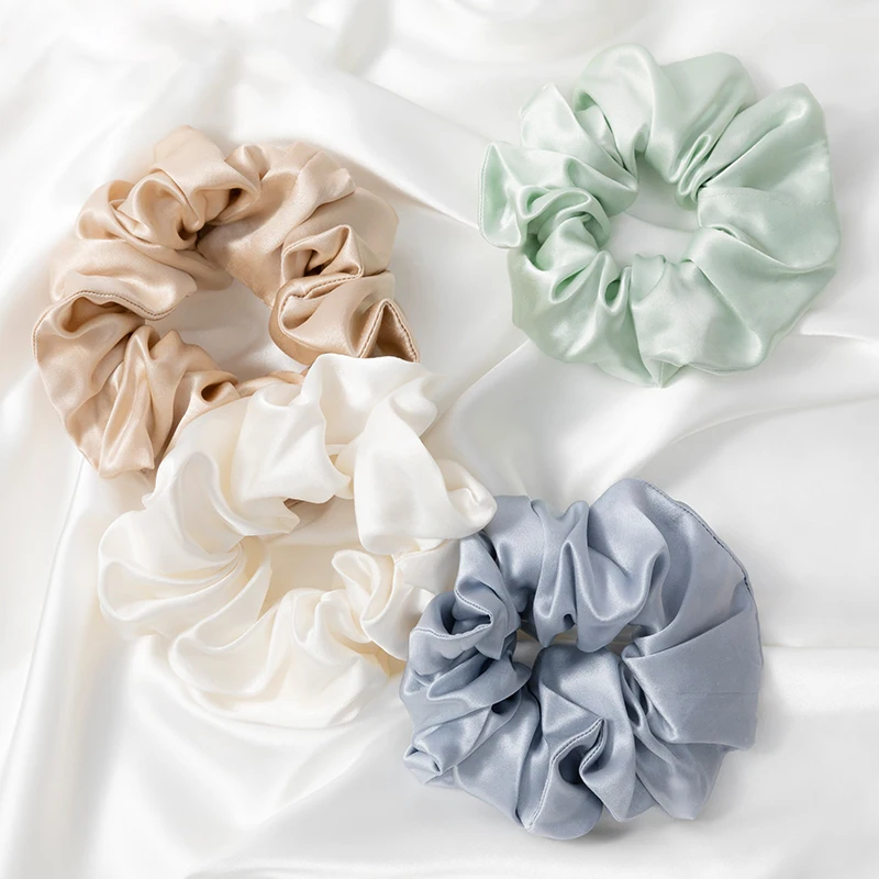 Wholesale 100% Mulberry Silk Scrunchies Solid Colors Queen Size 4cm Silk Scrunchie for hair silk hair ties