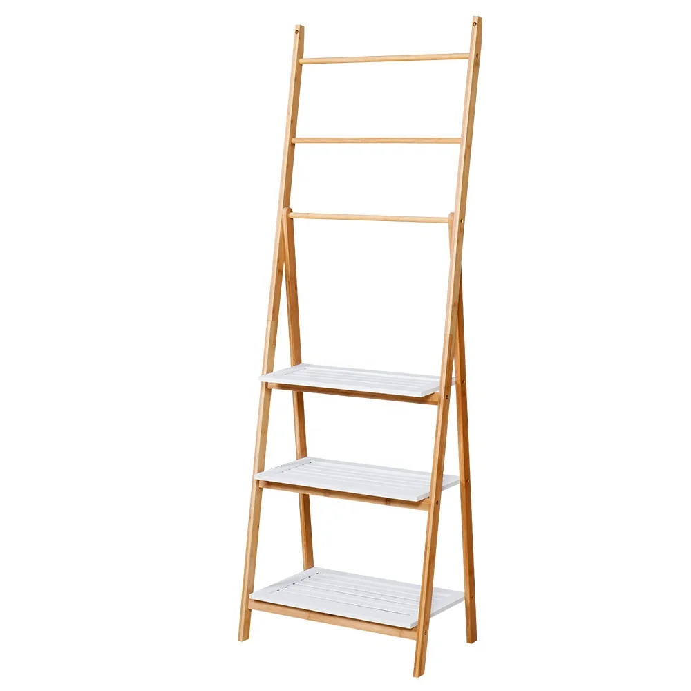 OEM free standing bamboo wood folding hanging ladder shelf towel rack