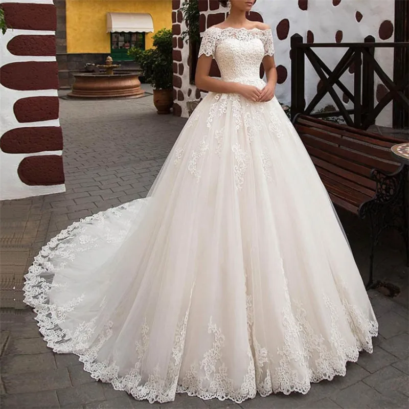 2023 vestidos de novia illusion off shoulder boat neck elegant princess muslim bridal gown wedding dress