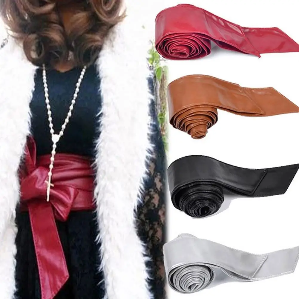 Woman Leatherette Wide Waistband Obi Belt Faux Leather Wrap Classic Cinch Band Wide Bow Tie Cummerbund For Dress Coat Jacket