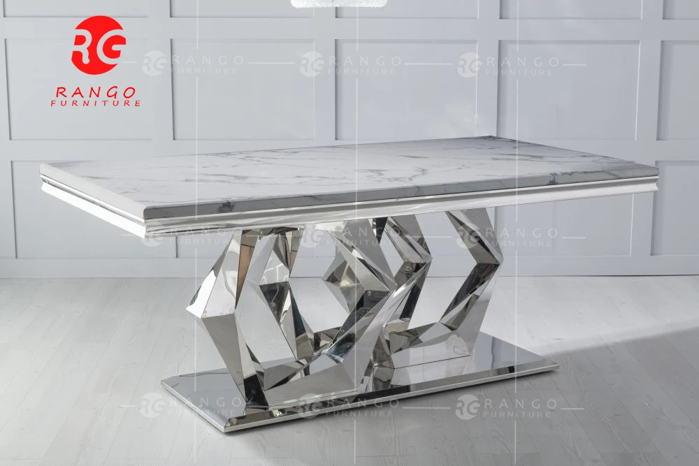 Tempered glass top dining tables 8 Seater Dining Table with white leather chairs for dining room furniture