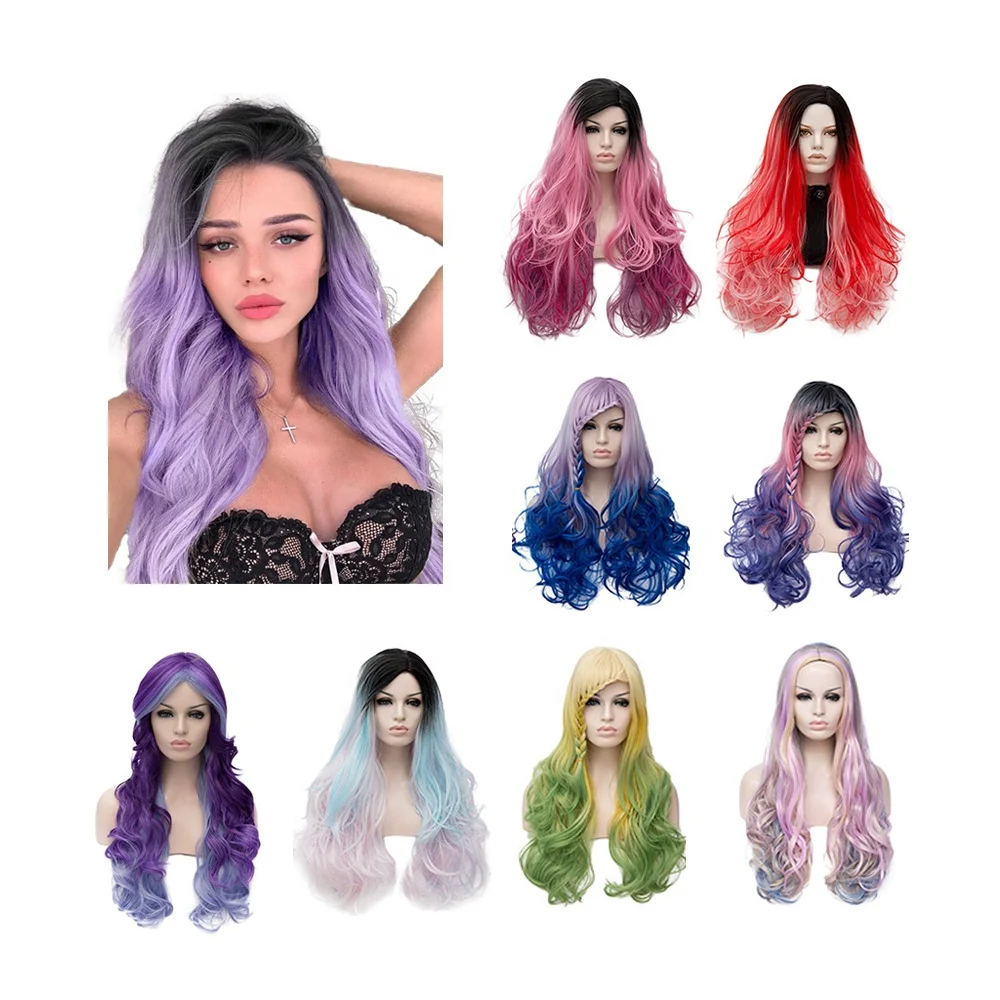 Wholesale Half Black White Fiber Wigs Synthetic Long Curly Wavy Cosplay Party Wig for Women Costume