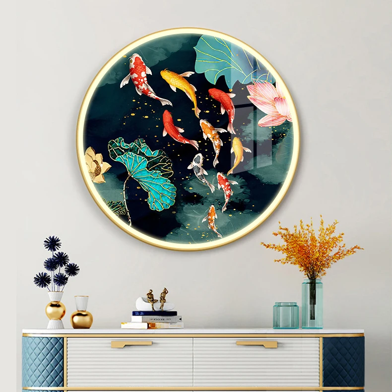 Luxury Porch Crystal Porcelain Decorative Illuminated Wall Art Painting With Led Light Fish