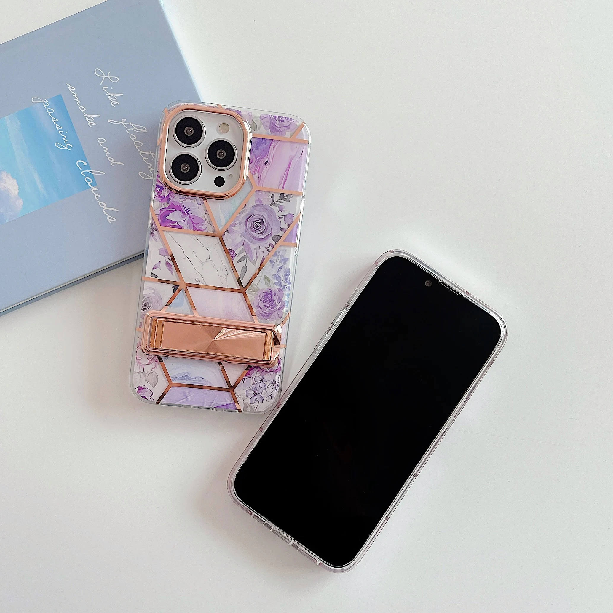 FashionWomen Phone Case IMD Printed Mobile  Cover for iPhone 13 Marble Electroplated Phone Accessories with standing function