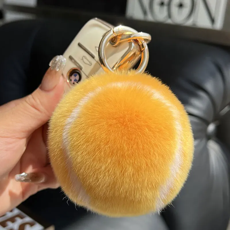 Genuine Rex Rabbit Fur Tennis Ball Car Keychain Pendant Ins Plush Ball School Bag Pendant