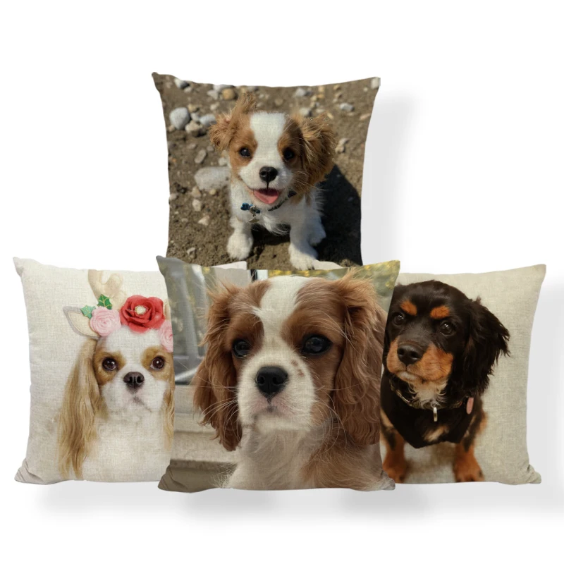 Luxurious Cushion Cases  Cavalier King Charles Spaniel 45X45 With Zipper Linen Dog Decor Pillows Cases For Sofa