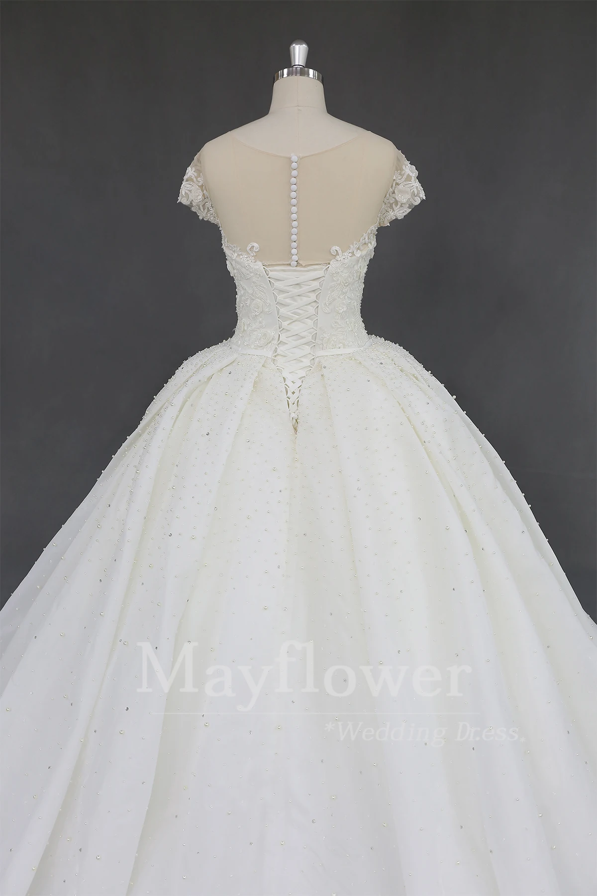 Cap sleeve bridal dress ball gown lace organza beaded wedding dress