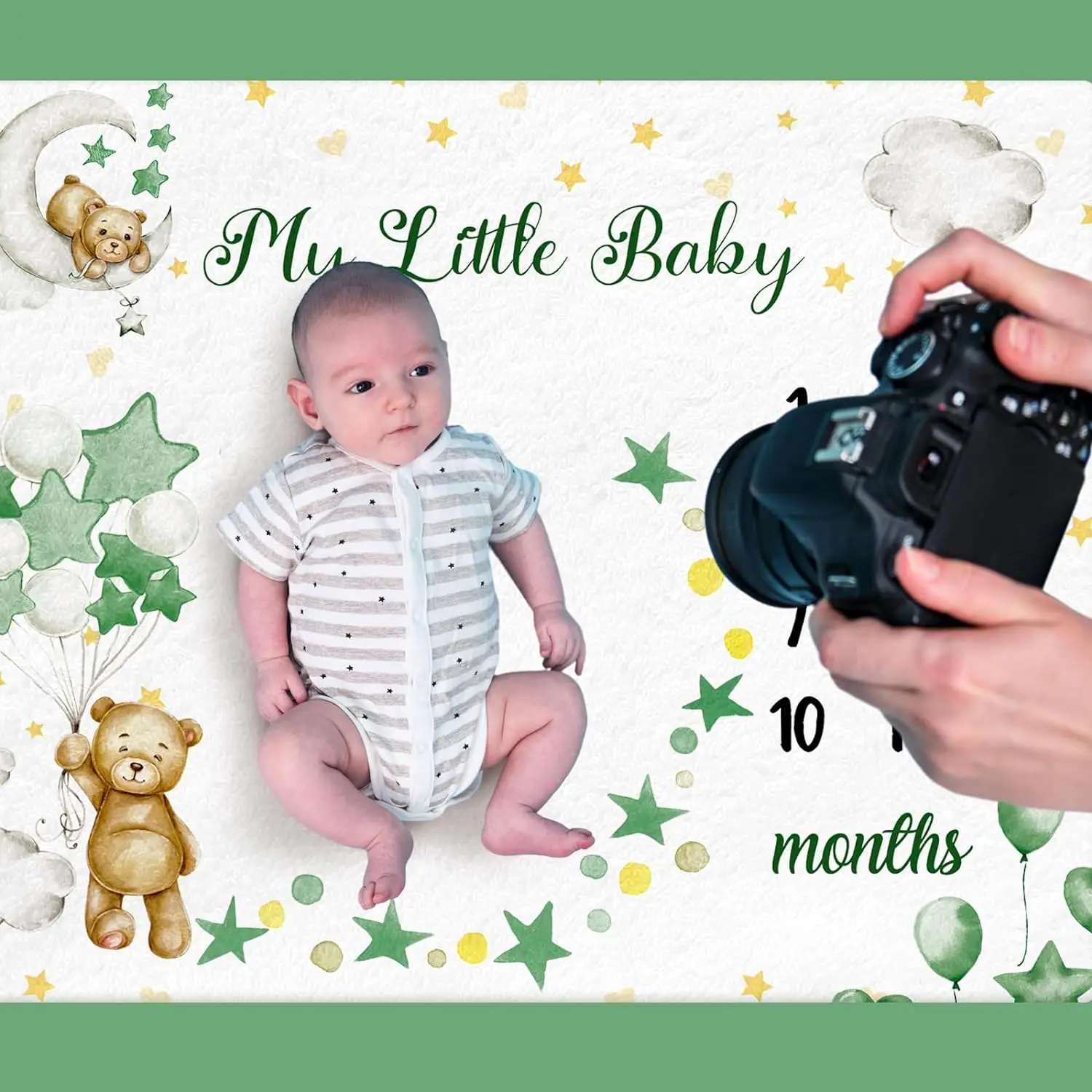 White Sublimation Bear Star Printed Flannel Fleece Monthly Baby Milestone Blanket for Newborn