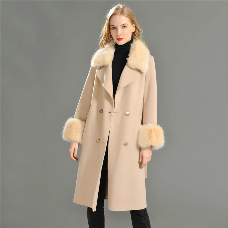 New Trending Handmade Sew High Quality Wholesale Custom Color Belt Design Women Faux Fur Wool Coat Cashmere
