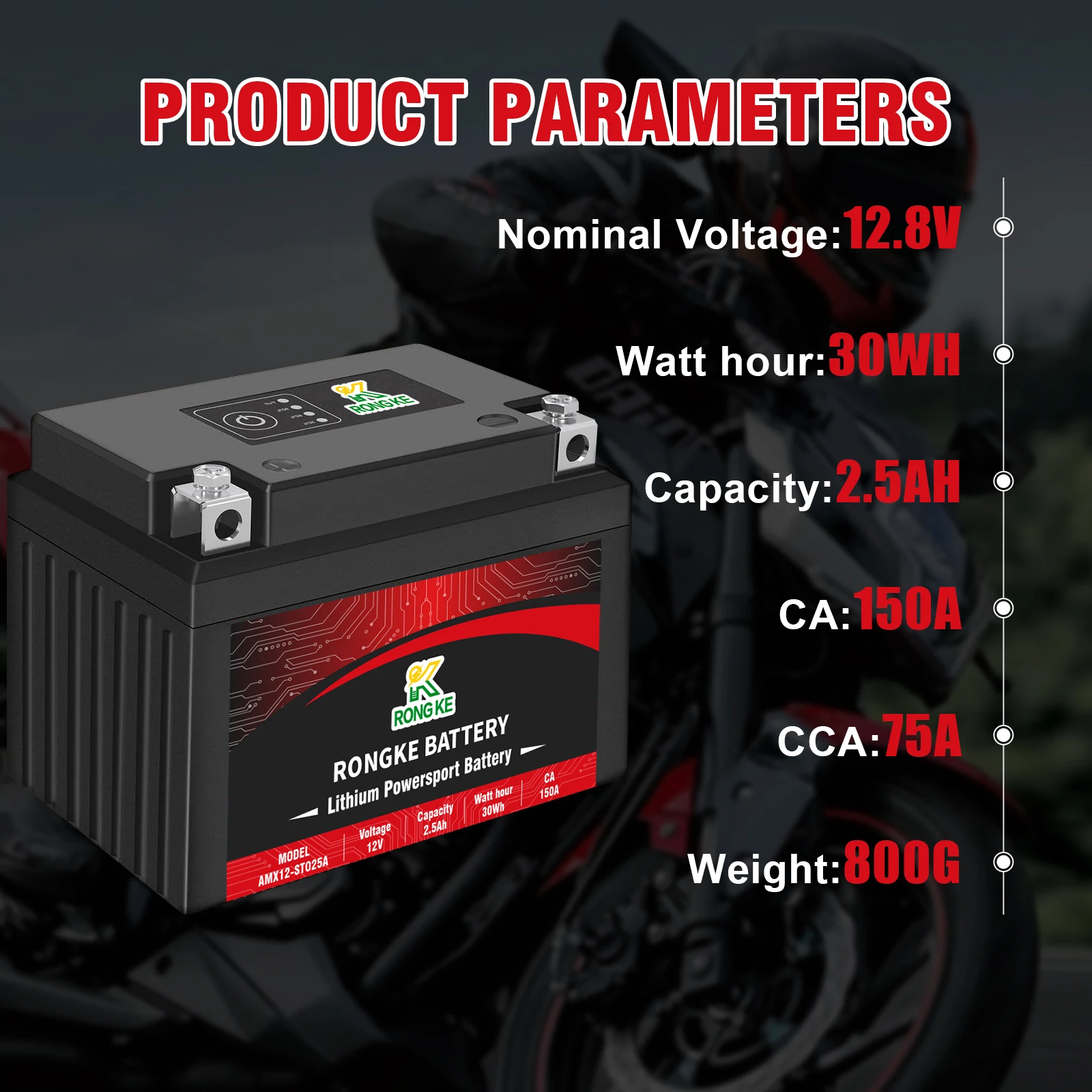 12V 2.5Ah Lithium YTX4L-BS Powersports Motorcycle Battery with Smart BMS, 150CA Compatible Motorcycle, Honda, Suzuki,