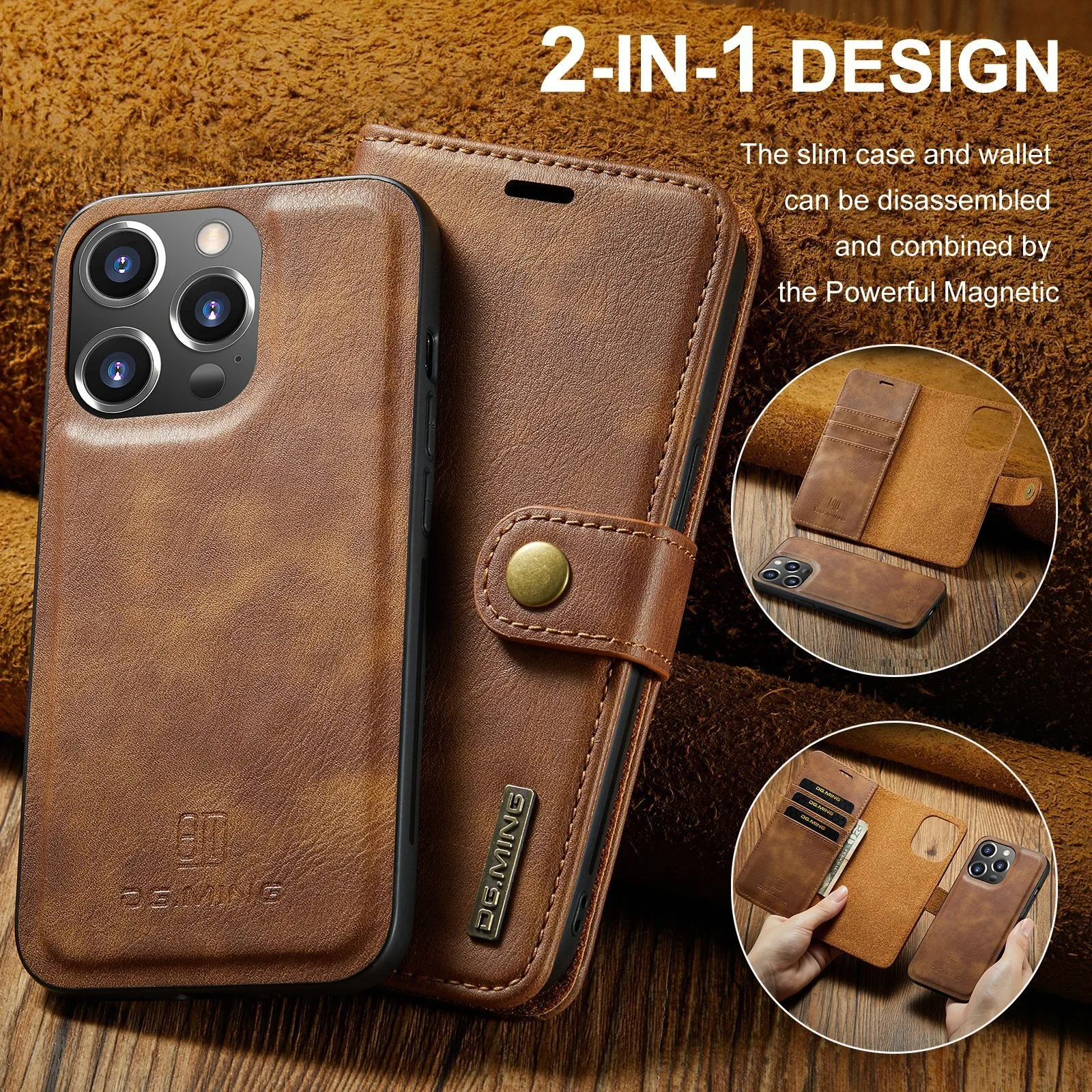 Bagsplaza 2 in 1 Detachable Back Cover Leather Mobile Case For iPhone 11 12 13 14 15 Pro  Magnetic Cell Phone case