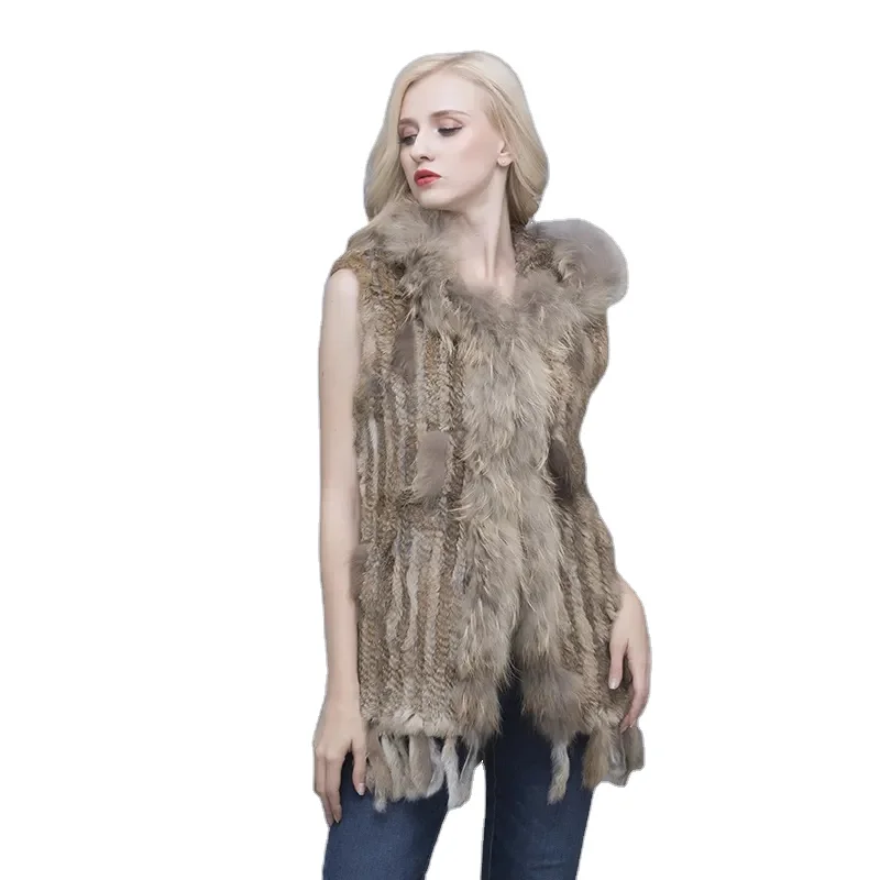 MWFur Меховой жилет с воротником енота украшенный с карманами зимний модный женский жилет из кроличьего меха Вязанный жилет с капюшоном