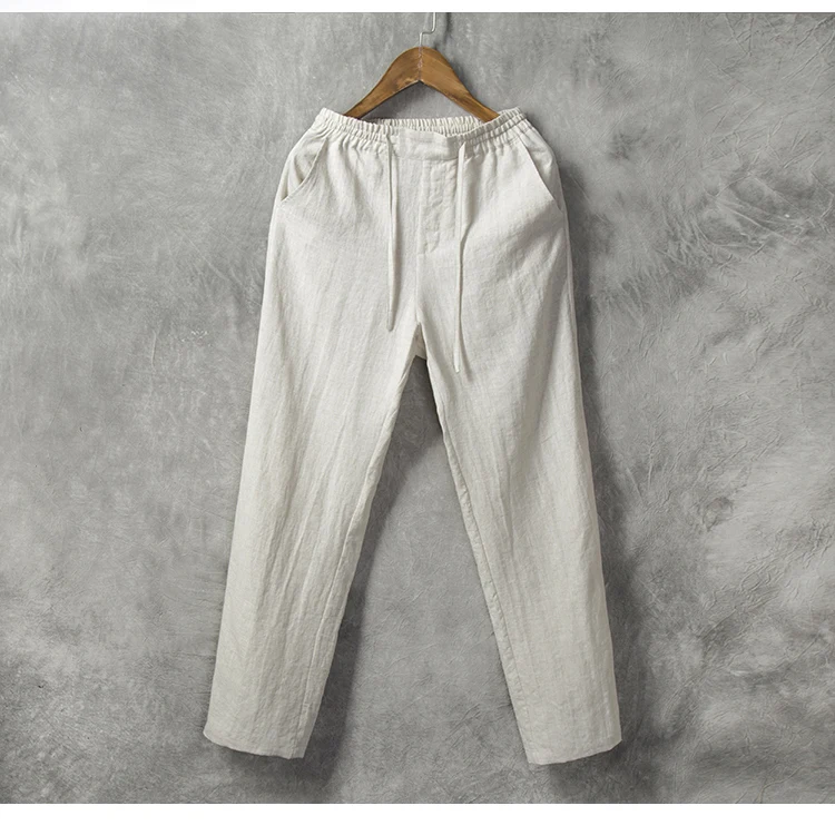 
OEM ODM Custom Spring Fall Straight Breathable Drawstring Loose Fit Men 100% Linen Pants 