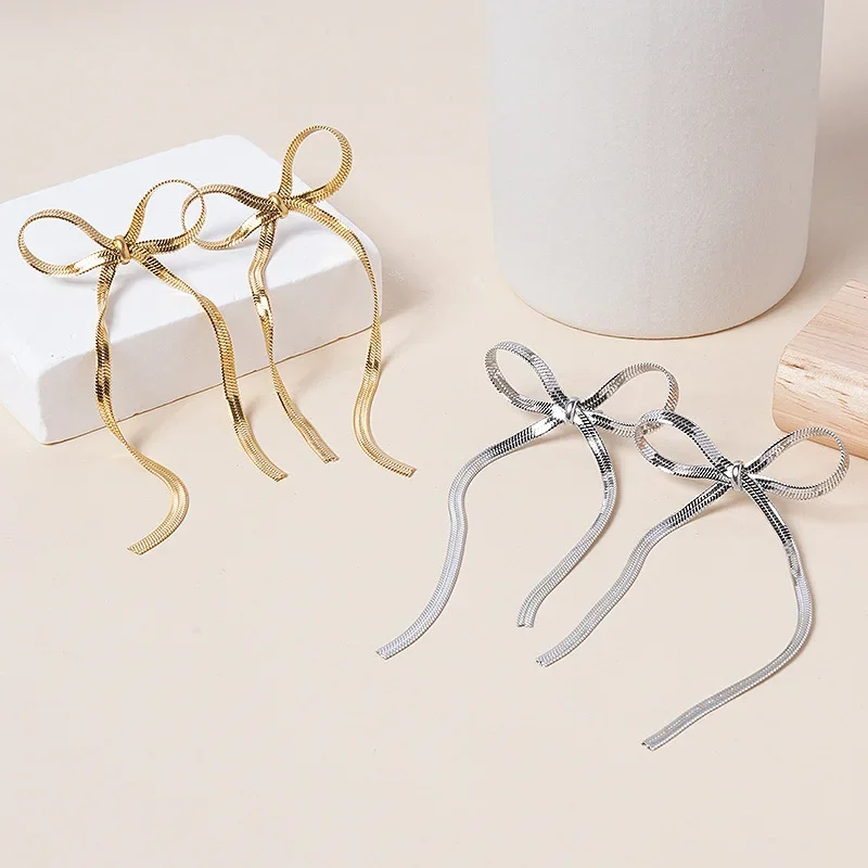 2024 New Trendy Elegant Statement Ribbon Fringe Waterfall Dangling Earrings 14k Gold Plated Bow Dangle Drop Tassel Earrings