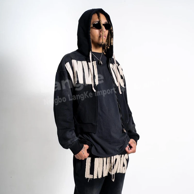 High Quality Tracksuit Manufacturer Men Customize Vintage Cotton Patch Sun Faded Distressed Acid Wash Zip Up Tracksuits for Men