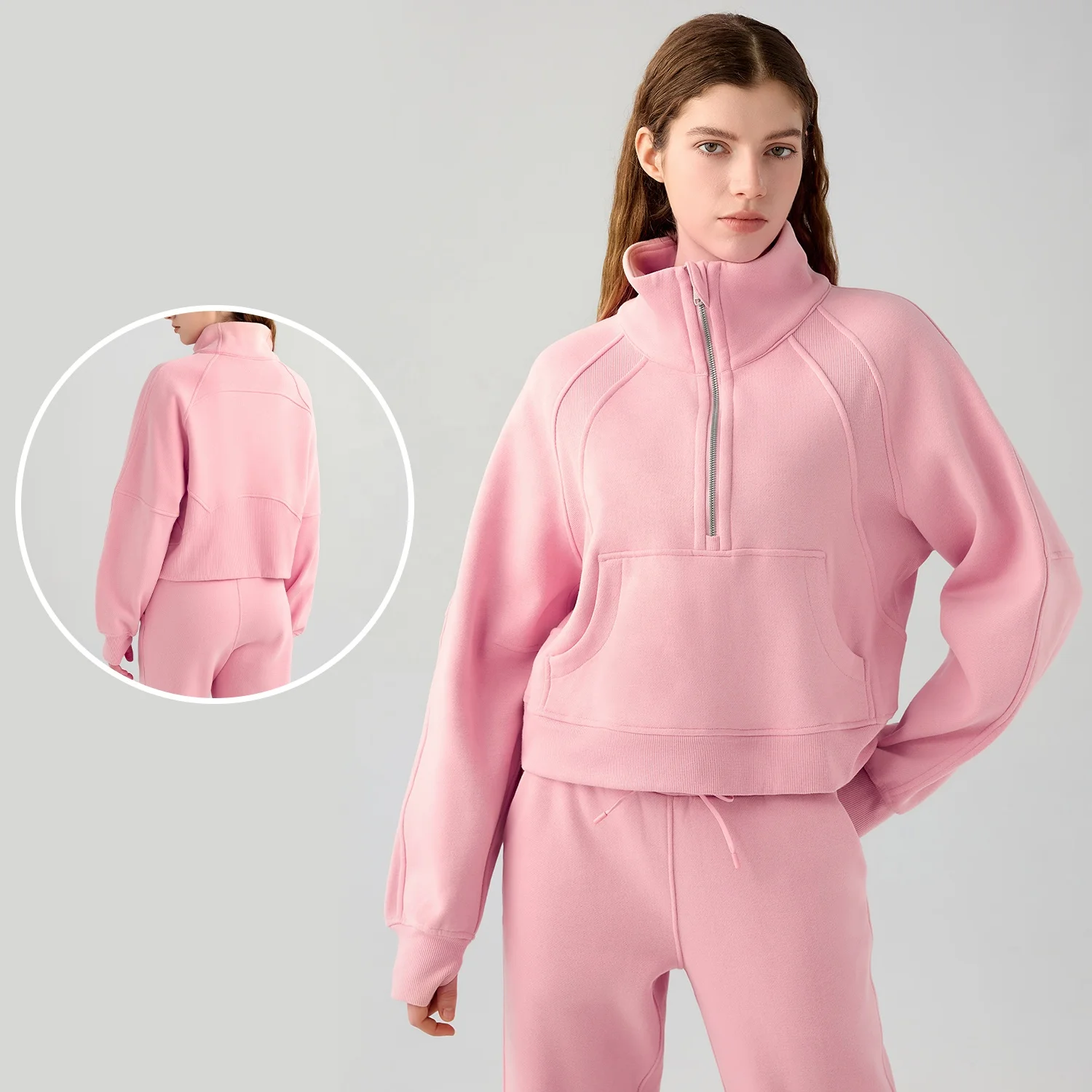 Winter Fleece Quarter Zip Unisex Pocket Pullovers Wholesale Womens Sports Hoodies With Thumb Hole 65cotton 35nylon