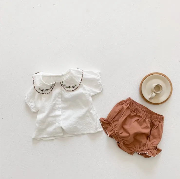 Korean Style	baby summer clothing Clothes Outfits, 100% Cotton Short sleeve shirt + shorts pants 2pcs set baby girls clothes set