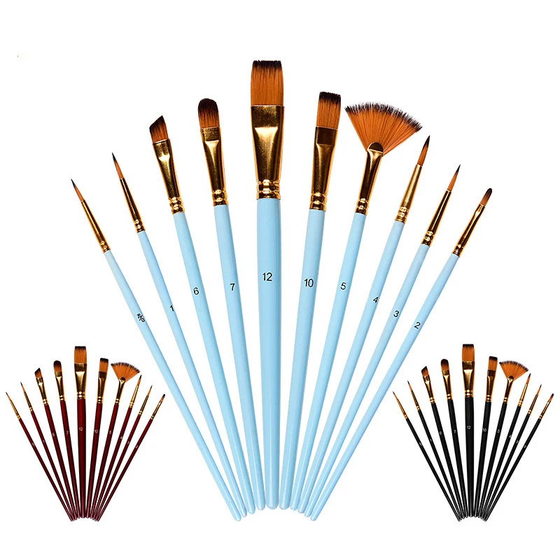 10 pcs/set Nylon Hair Paint Brushes for Acrylic Painting Watercolor Brush Pen Short Rod Oily Acrylic Painting Art Supplies