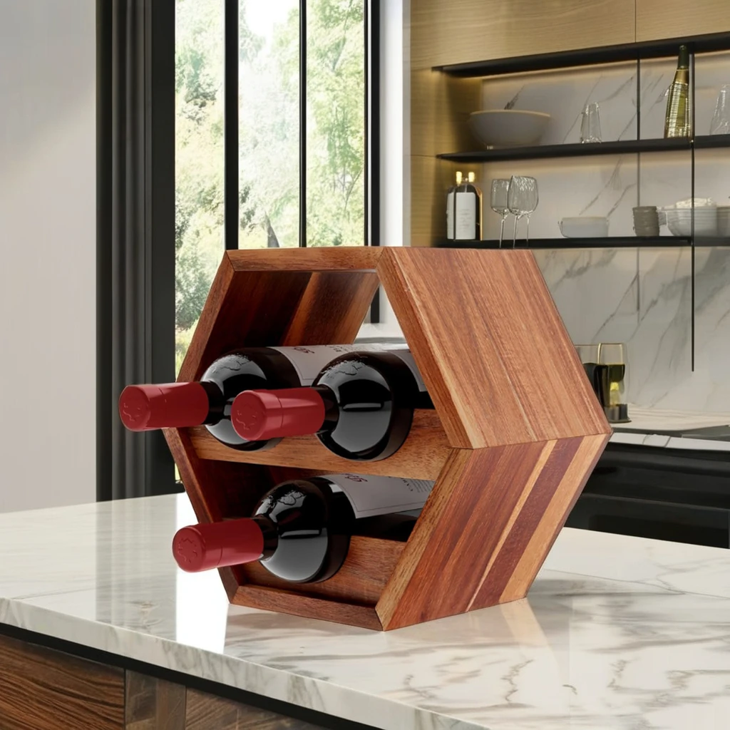Wholesale Modern Acacia Wood Wall Mounted 3 Bottle Wine Display Holder Wine Rack for Kitchen Bar Decor