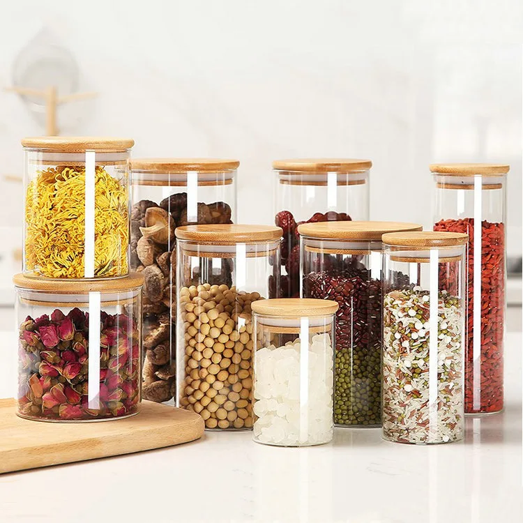 Factory Price Empty Clear Glass Canister Food Storage Jar Container With Bamboo Lid