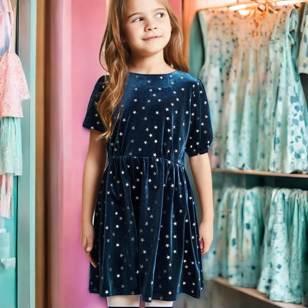 Little Girls Fashionable Clothes 4-5 Years Autumn Spring Girl Star Print Fluff Dress For Girl