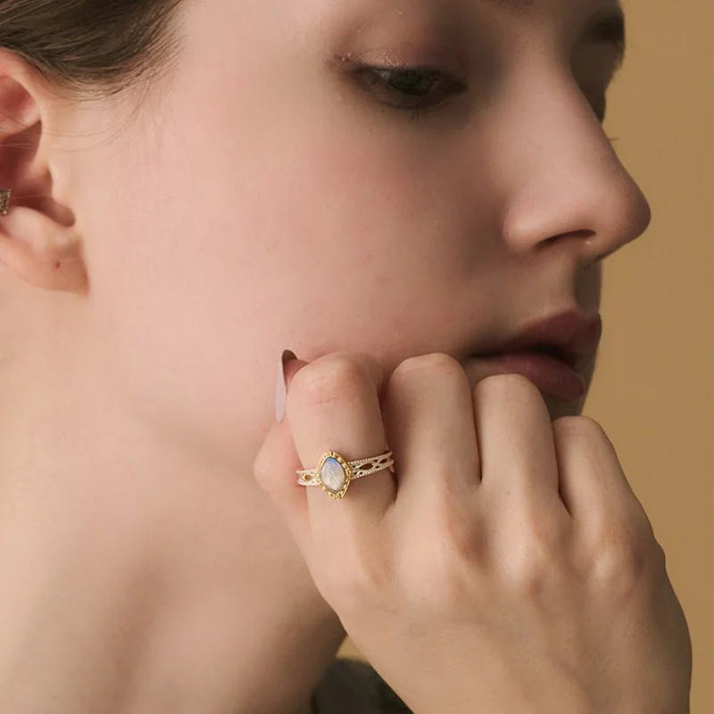 925 Sterling Silver 14K Gold Plated Gemstone Vintage Double Layer Hollow Shell White Crystal Ring