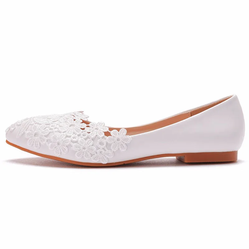 Lady Flat White Lace Bridal Shoes Lady Plus Size Party Crystal Sandals Floral Wedding Shoes