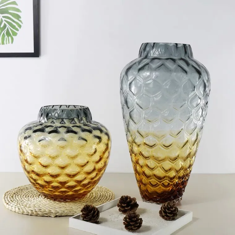 Home Decoration Antique Custom Different Shaped Giant Brown Amber Blue Clear Tall Flower Floor Glass Bud Hand Blown Vase