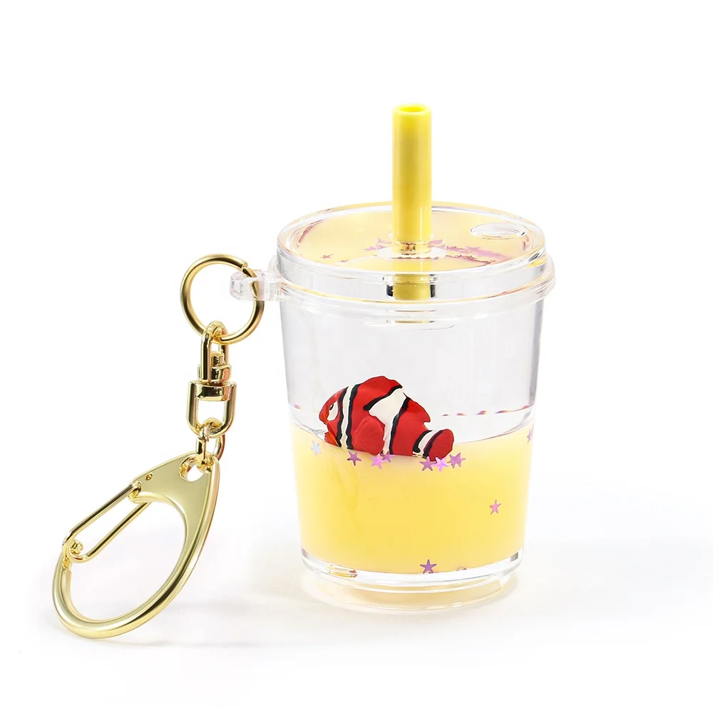 Custom Liquid Keychain Water Boba Aqua Key chain Floating Acrylic Animal Liquid Key Holder Bubble Milk Tea Cup Key Holder