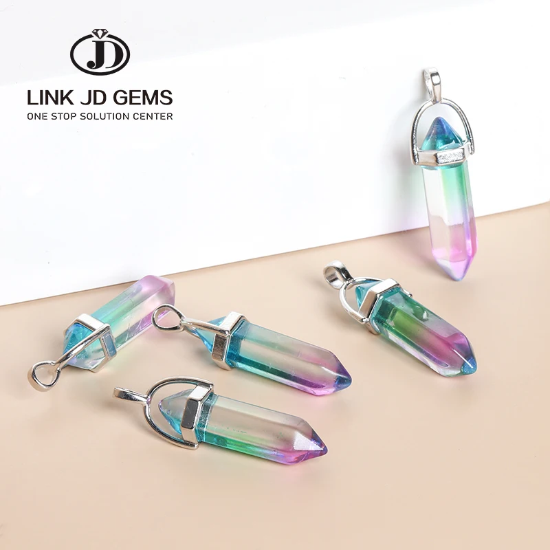 Classic Design Natural Gemstone Bead Healing Point White Glass Hexagonal Column Pendant Stone Necklace Pendant