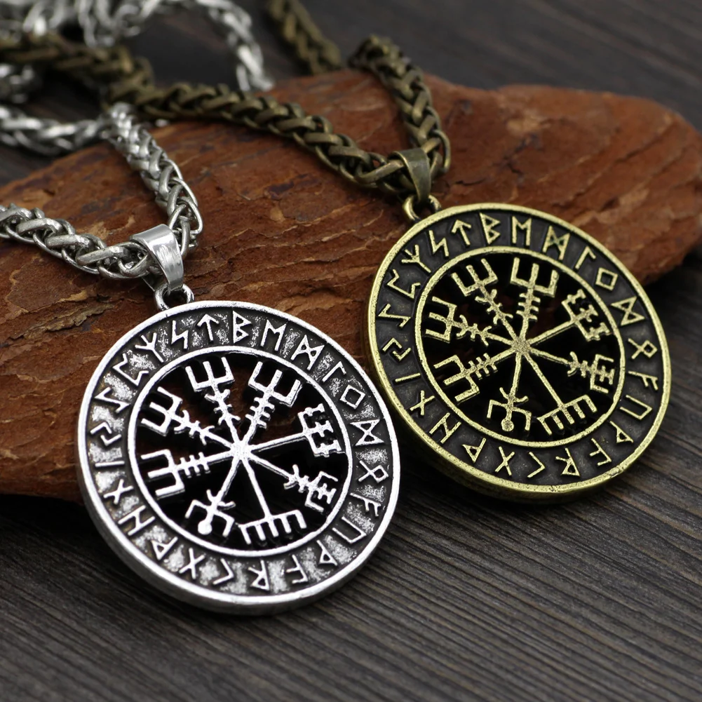 Nordic Viking Runavin Odin Logo Compass Pendant Necklace Male Trendy Jewelry Long Amulet