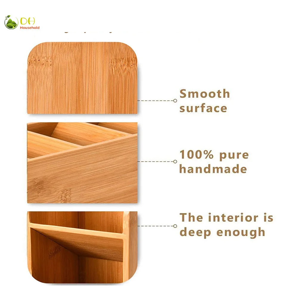  Bamboo Wood Pen Pencils Holder Cup for Desk Remote Control Caddy Organizer Desktop Storage with 4