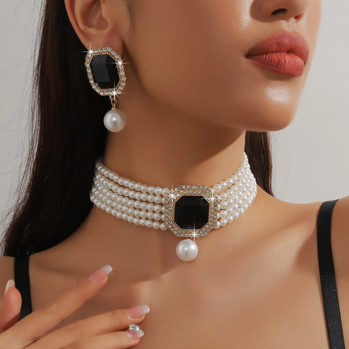 Dubai Women Love Fashion Luxury Noble Shiny Colorful Crystal Multi-Row Pearl Necklace Earrings Set