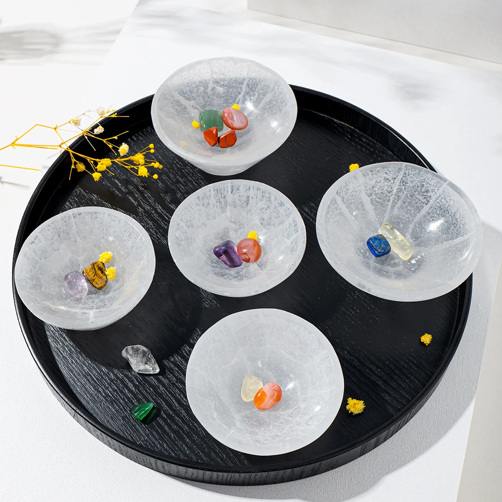 Hot selling wholesale natural crystal carving selenite Circular bowl spiritual healing home decoration