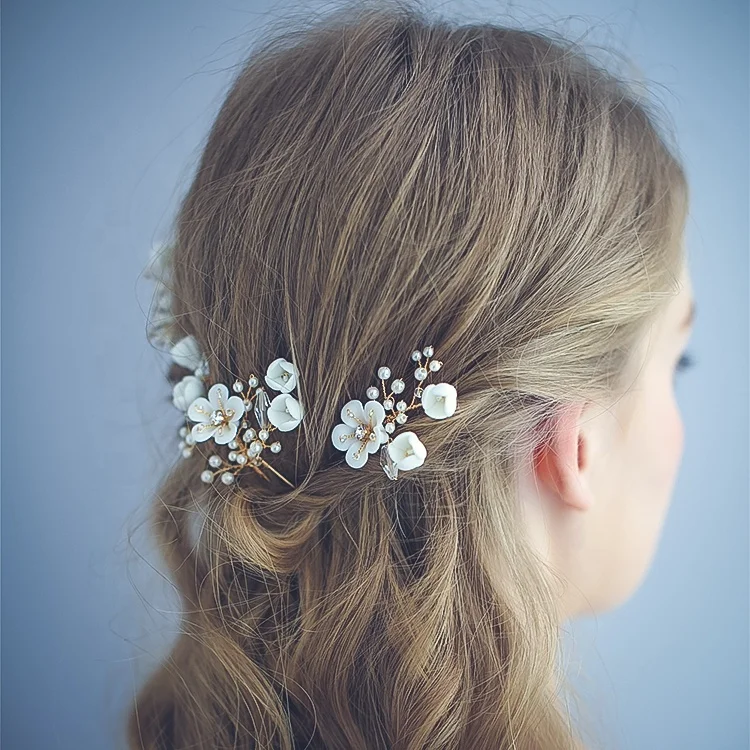 Fashion Ceramics Floral Headpiece Bridal Gold Hair Comb Pearls Women Prom Hair Pin Jewelry Wedding Accessories