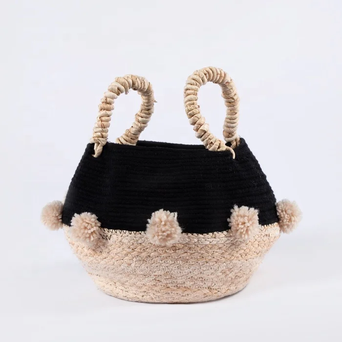 Rope Baskets Handmade Woven Pompom Large Foldable Straw Seagrass Belly Laundry Storage Cotton Household as Photo