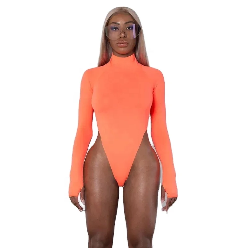 2022 New Arrivals Women Plain Color Long Sleeve One Piece Sexy Neon Blank Bodysuits