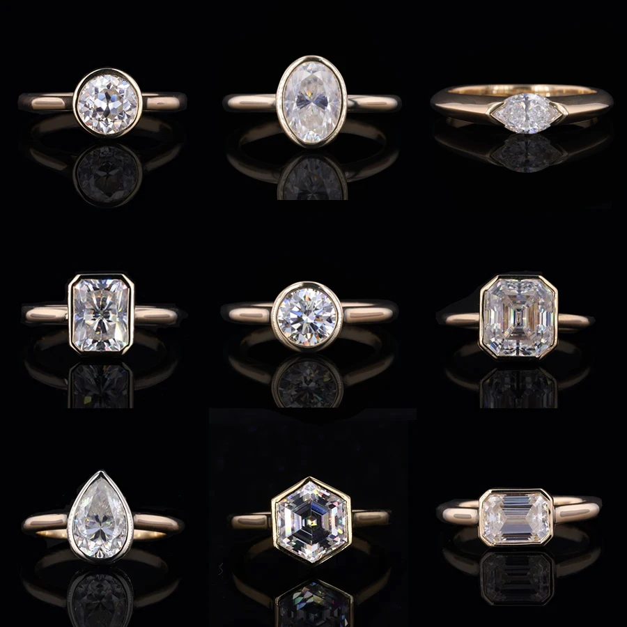 Women Jewelry Bezel Setting 14K Solid Gold 1.0CT Lab Grown Diamond Ring Solitaire Engagement Ring