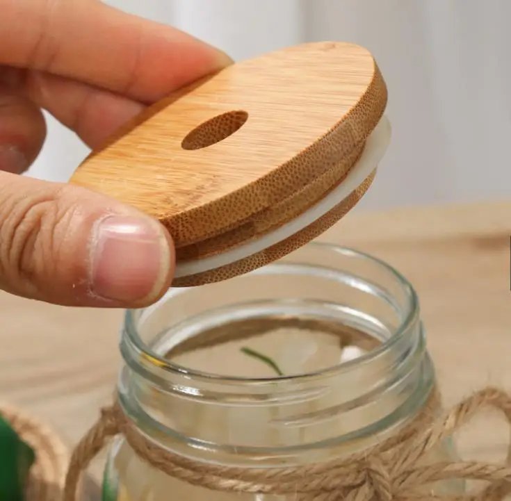 Bamboo Mason Jars Lids 70mm 88mm Wide Mouth Mason Jars with Drinking Straw Hole Mason Jars Lid