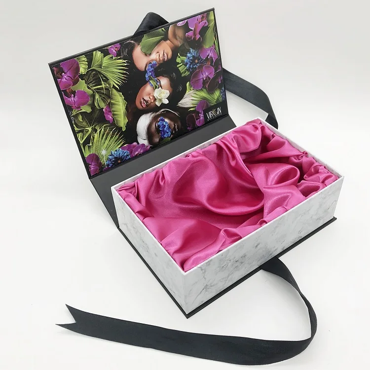 custom logo luxury braid wig box elegant hair extension packaging boxes with satin tray for wigs display