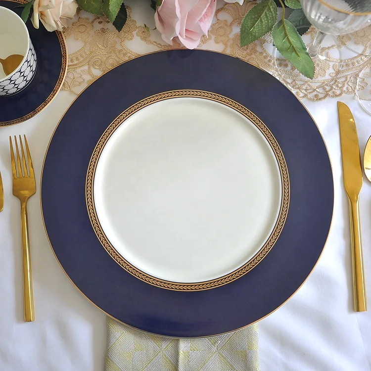Wholesale Best Royal Fine Bone China Dinnerware Set Contemporary Design with Navy Blue and Gold Rimmed Line for Weddings